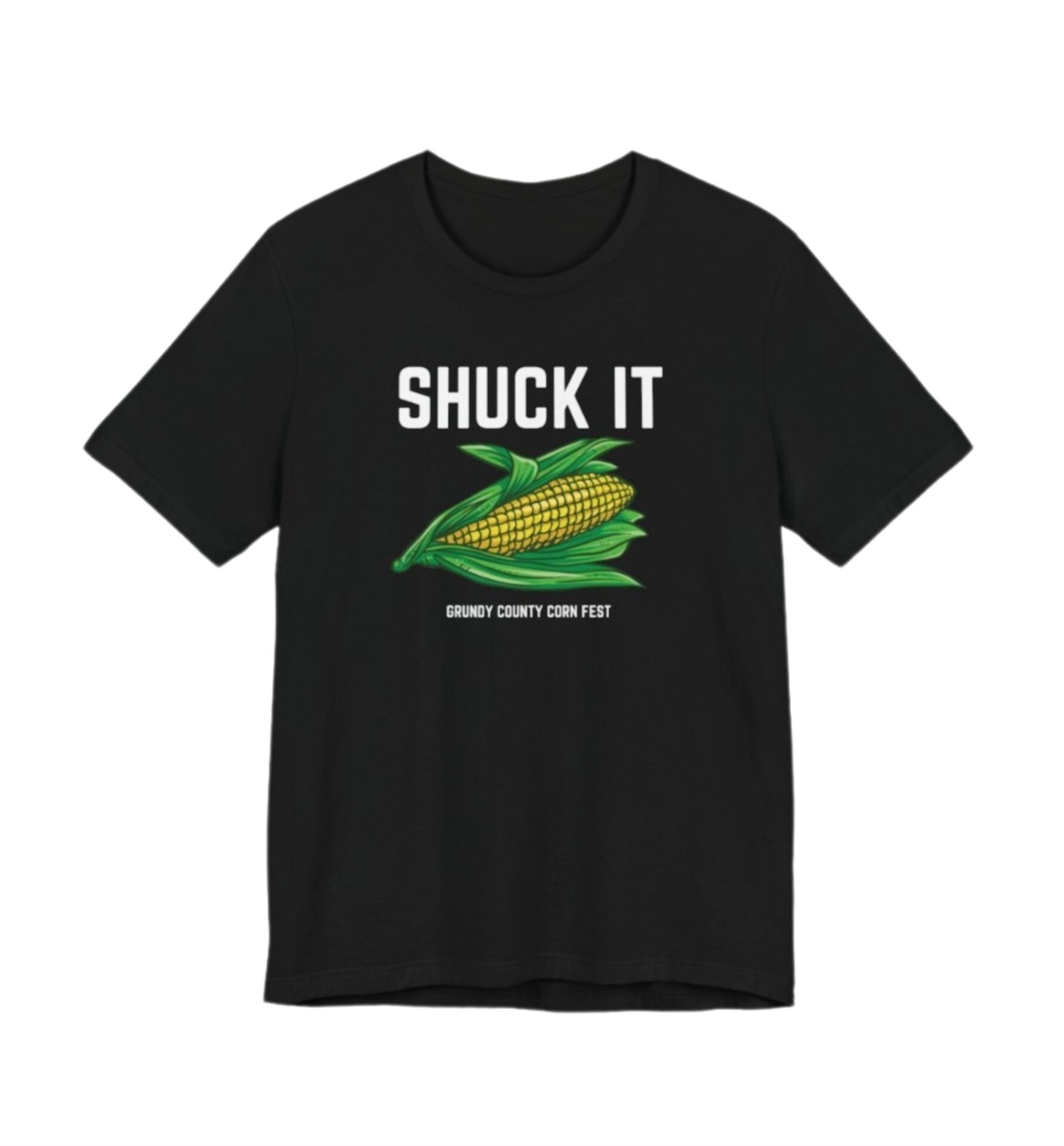 Black t-shirt with corn graphic, 'Shuck It'