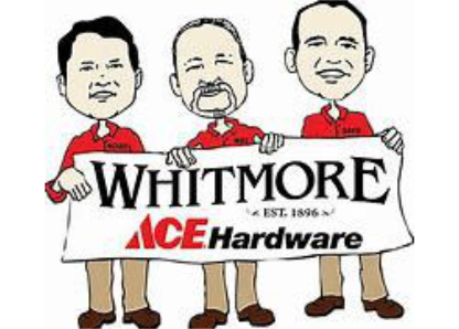 Whitmore ACE Hardware cartoon with three men holding banner