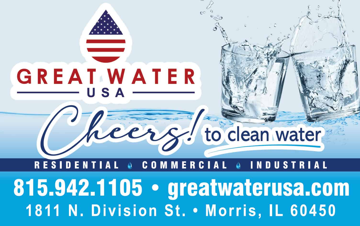 Great Water USA logo with splashing glasses of water